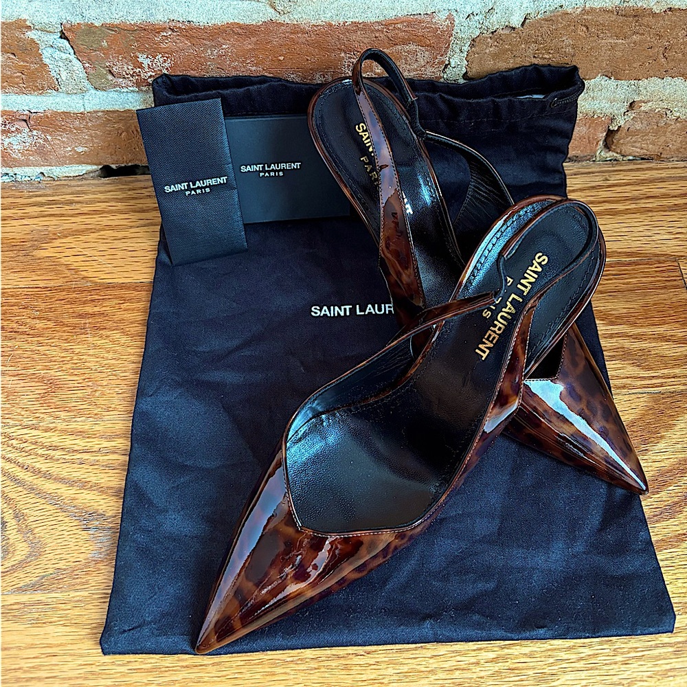 YSL Yves Saint Laurent Tortoise Shell Patent Leather Slingback Pump